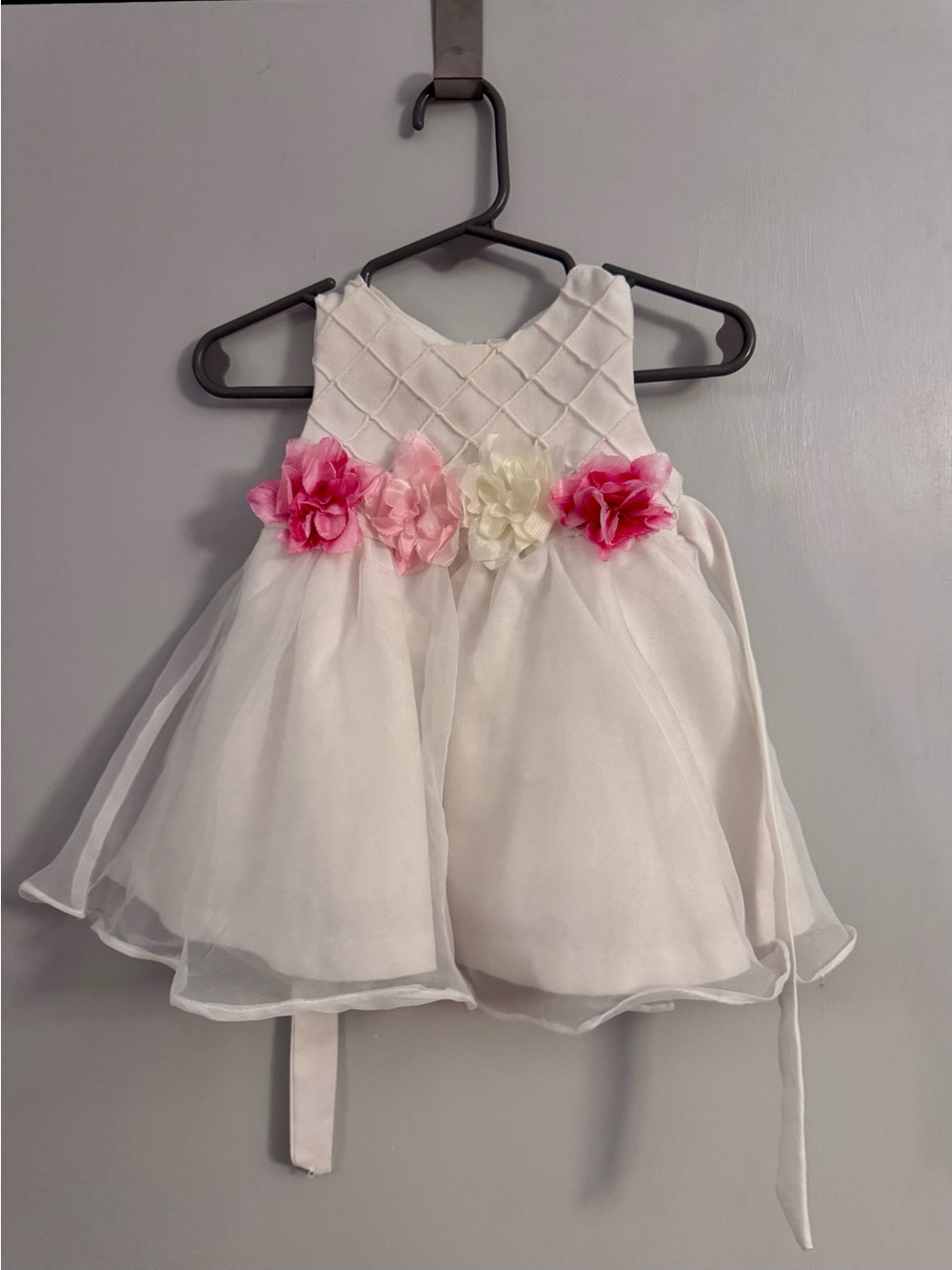 Rare Editions White Quilted Bodice Dress with Pink Flower Trim